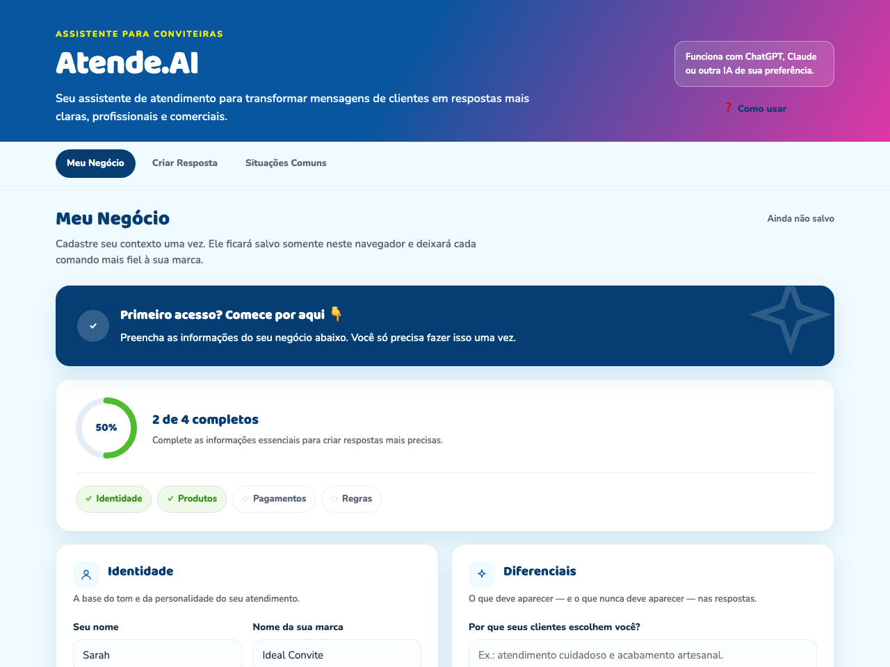 Tela do Assistente de Atendimento com um exemplo preenchido