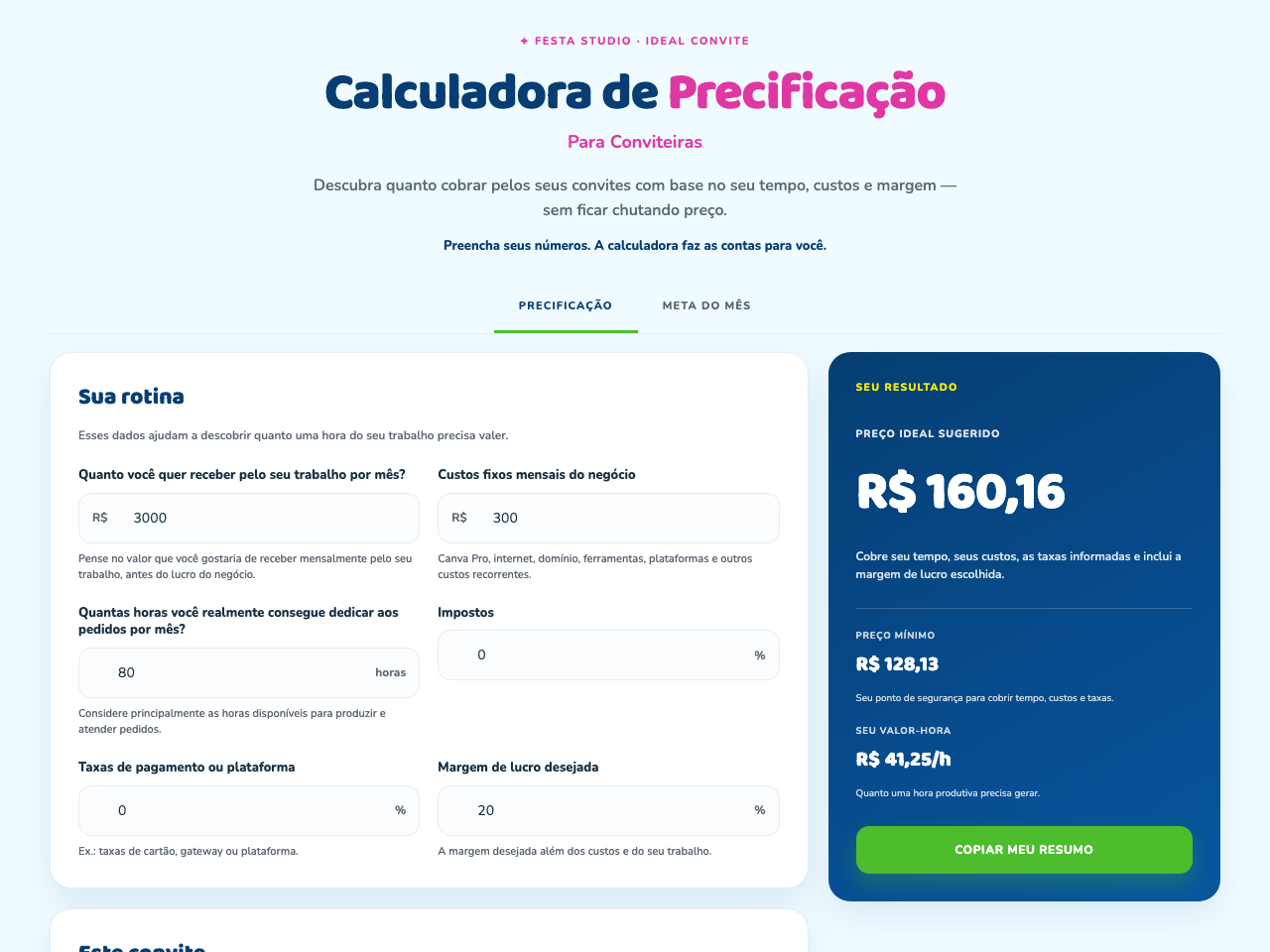 Tela da Calculadora de Precificação com um exemplo preenchido